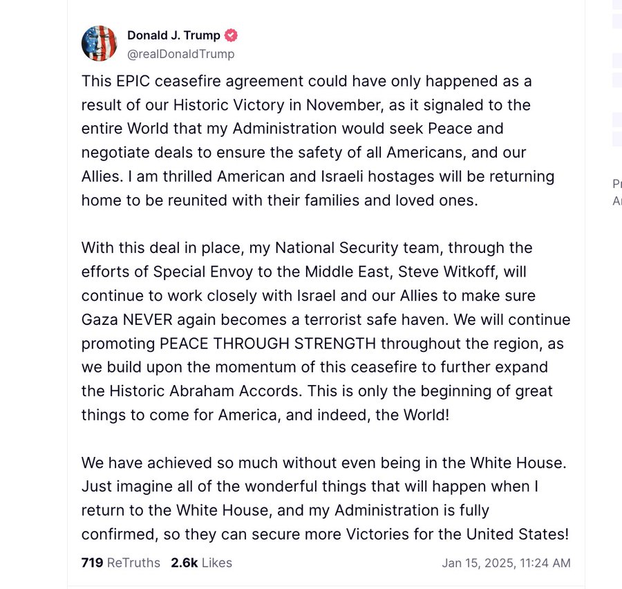 Donald Trump Claims His ‘Historic Victory’ In the Election Led To Peace Agreement Between Israel And Hamas