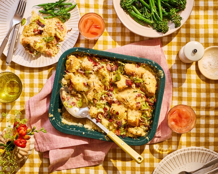 Jimi Famurewa’s leek, bacon and focaccia breakfast bake – recipe