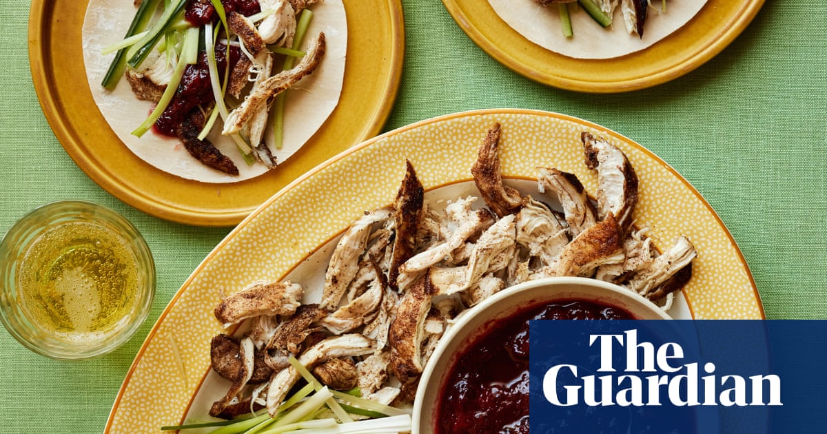 Georgina Hayden’s quick and easy recipe for spiced sticky chicken with plums and pancakes